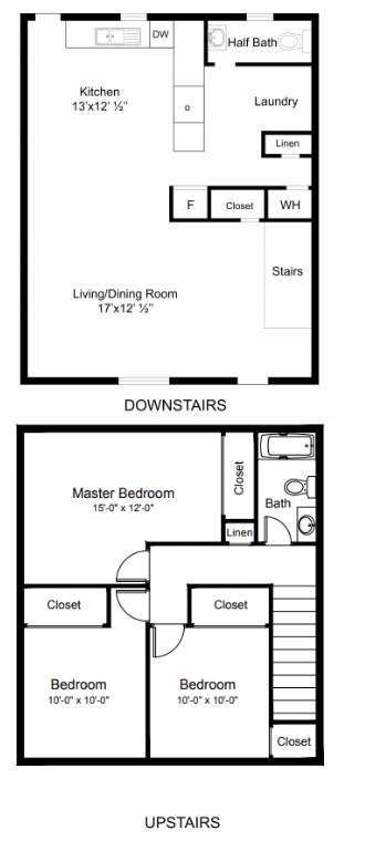Floor plan for 3 beds, 2 baths, 1000 sqft